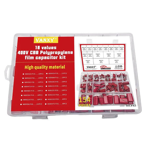 Kickass Assorted Cbb Capacitor Kit 154 Pieces 400V Metallized Electronic Components 10NF To 4.7UF Tolerance Range organized storage case.