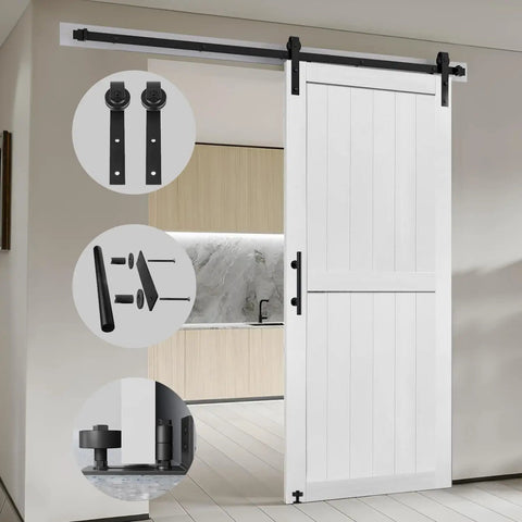 Solid 46 Inch By 80 Inch MDF Barn Door Plus Eight Foot Rolling Hardware Kit And Ultra Waterproof PVC Surface, modern room separator in action.