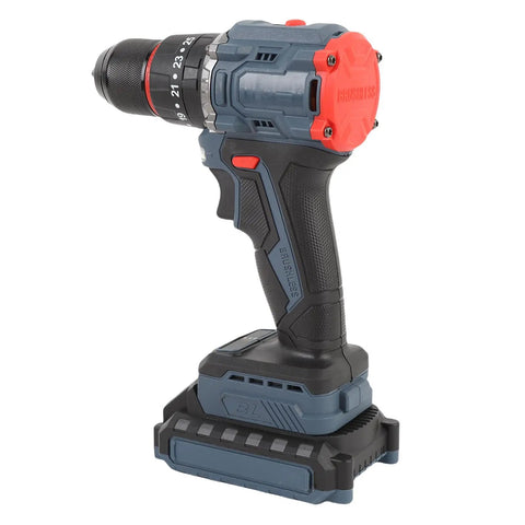 Heavy Duty Brushless Cordless Drill Set Is A Total Workhorse Delivering 735W And 1500Rpm To Tackle Tough Jobs Without Breaking A Sweat Featuring 45Nm Torque And 25 Precise Clicks For Exact Control Plus Variable Speed Trigger And Dual Gears To Get The Job, shown in a close-up view.