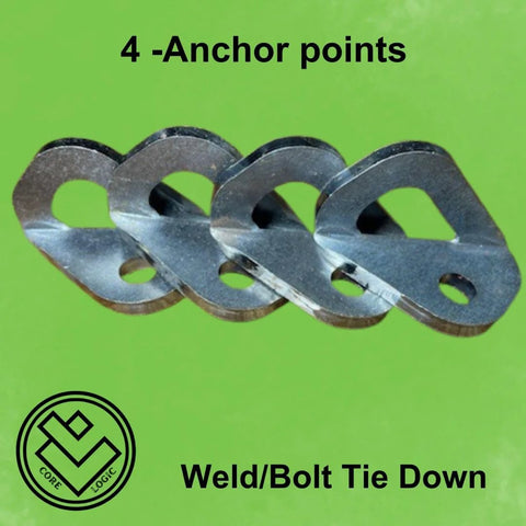 Image shows four heavy-duty tie down anchors set for weld or bolt installation, ideal for trailers, trucks, and motorcycles.