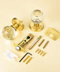 Crystal Glass Door Knobs With Privacy Lock For Bedroom And Bathroom, Gold Satin Brass Finish, with installation hardware set