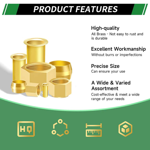 Brass Compression Sleeve Ferrule Kit 280Pcs Six Sizes 1/2 To 1/8 Inch Assortment With Nuts And Fittings, product features displayed