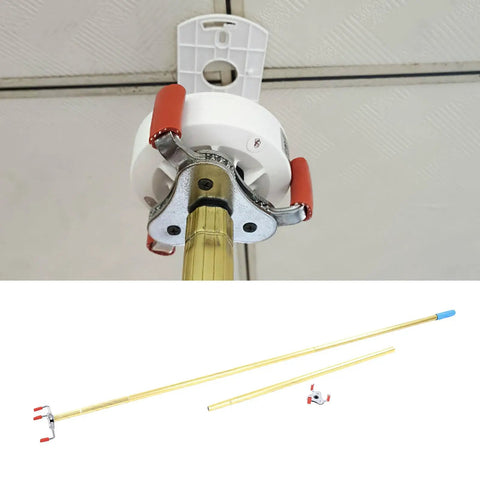 Extended Telescopic Smoke Detector Removal Tool With 3.3 Meter Pole for high ceilings, shown with smoke alarm attachment.