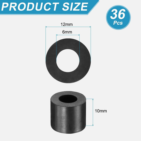 Rock Solid 36 Piece Rubber Isolator Mounts Heavy Duty Vibration Damping Spacers showing dimensions: 12mm outer, 6mm inner, 10mm thick.