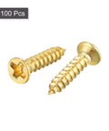 100 Count Brass Wood Screws M2 By 10mm Phillips Flat Head Self Tapping Fasteners in close-up view with smooth threading.