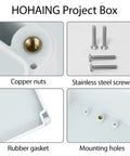 Hella Weatherproof Plastic Project Box With Ip65 Waterproof Grade For Diy Electronics And Pcb Mounting Solid Build Electrical Enclosure In Gray White 2 Pack Bundle, showing copper nuts, stainless steel screws, rubber gasket, and mounting holes.