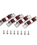 Eight Piece Heavy Duty Double Wheel Pulley Kit For Effortless Smooth Gliding Sliding Screen Doors And Window Track Replacement Barn Door Rollers With Dead Simple Setup includes double wheel stainless steel rollers and screws.