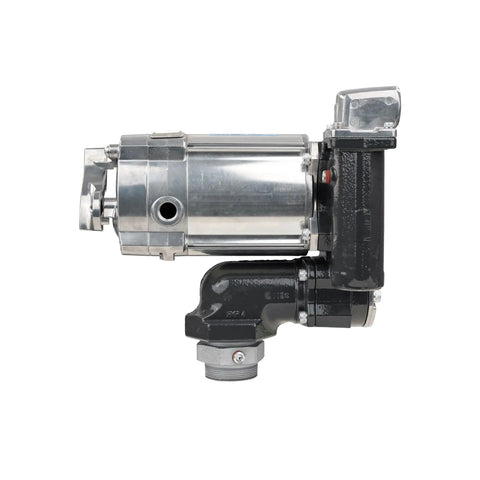 Heavy Duty 20 GPM Fuel Transfer Pump With 1 Inch Outlet For Gasoline And Diesel 115 Volt AC with metallic and black finish.