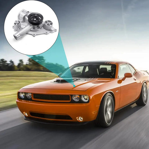 Pro Level Water Pump Conversion Built To Run Smooth And Dodge The Stress Featuring Durable Sealed Bearings And Leak Free Gaskets Cools 5.7 Liter And 6.4 Liter Engines Piping Hot In 2011 Plus Charger Bodies on front of orange muscle car.