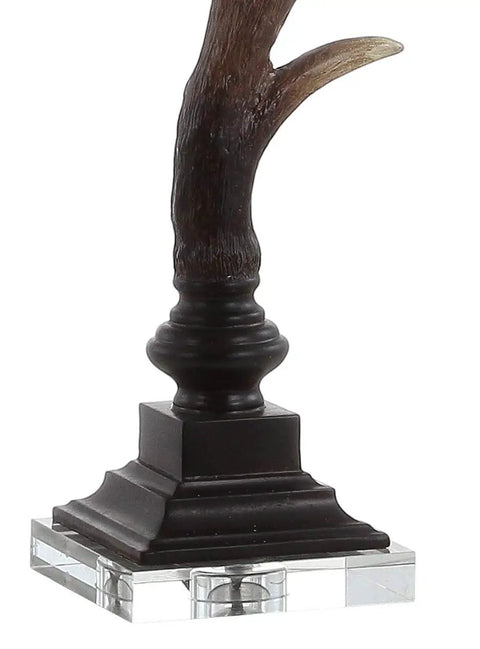 Base detail of Rustic 29.5 Inch Antler Table Lamp With Brown Clear Faux Resin And Crystal Base Light Grey Linen Shade LED Bulb Included UL Listed