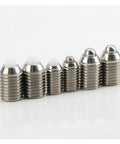 Tough Stainless Steel Hexagonal Spring Plunger Featuring Threaded M3 To M16 Set Screw For Rock Solid Mechanical Fastening, various sizes.