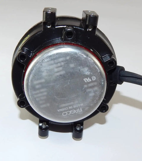 Heavy Duty Unit Bearing Refrigeration Motor 9 Watt 1550 RPM 230V Counter Clockwise round motor view with metal end and black housing.