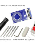 Top Shelf Tungsten Steel Scriber Blades In Five Precision Sizes With Secure Rubber Guard Plus Durable Carving Masking Tape Roll For Smooth Panel Line Drafting And Crisp Engraving Work including handle and wrenches.