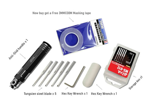 Top Shelf Tungsten Steel Scriber Blades In Five Precision Sizes With Secure Rubber Guard Plus Durable Carving Masking Tape Roll For Smooth Panel Line Drafting And Crisp Engraving Work including handle and wrenches.