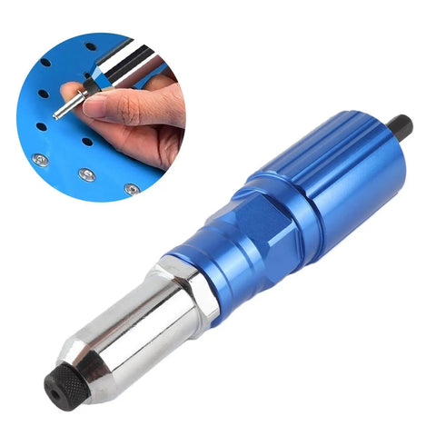 Heavy Duty Cordless Rivet Gun Adapter For Drills With Four Piece Aluminum Rivet Nut Kit, blue tool with polished head.