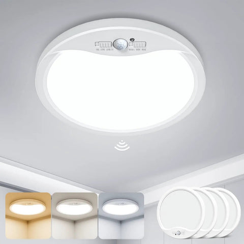 Four Pack 9 Inch Motion Sensor Ceiling Lights Wired LED Flush Mount Bright White 18W 1800lm With Three Color Temperature Modes And 30 To 120 Second Timer For Closet Pantry Hallways Stairwells Garage