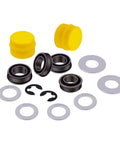 Ditch The Wobble With This Front Wheel Bushing To Bearing Conversion Kit For John Deere L100 L105 L108 L110 L130 Lawn Mower, yellow hub caps and black sealed bearings.