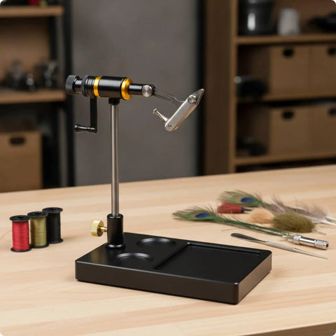 Compact Fly Tying Vise With Adjustable Head For Precise Hook Gripping, All Metal Bench Tool In Blue, Desktop Fly Tying Vise For Serious Hobbyists, Built Like A Beast, Smooth Operation, Easy Clamp, side view on base
