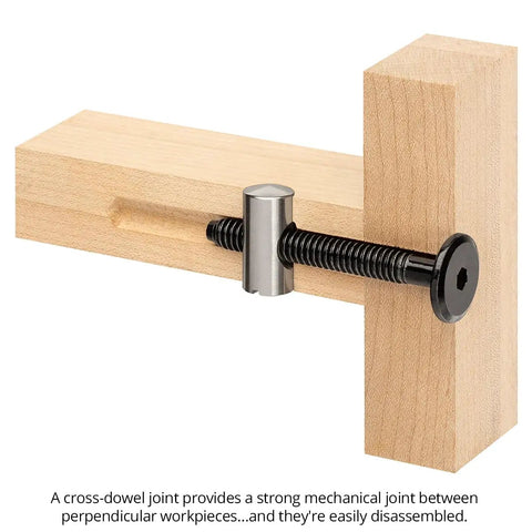 Universal Cross Dowel Jig Deluxe Kit Featuring Seven Heavy Duty Drill Guide Bushings For Bolts And Premium Wood Dowels, cross-dowel joint detail.