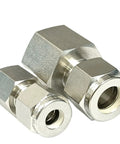 Heavy Duty Stainless 316L Tube Compression Union Fitting NPT Female To 1/8 1/4 3/8 1/2 Inch And 3mm 6mm 8mm End Sizes Built To Last SUS316L Plumbing Adapter For Air Water Gas Machinery, close-up view of two union fittings showing size and threading.
