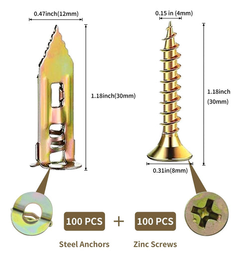 2025 Upgraded Drywall Anchors Kit With Screws, 200 Pcs Self Drilling Sheetrock Anchors And 100 Pcs Screws, size and materials shown
