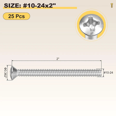 Badass Cross Recessed Oval Head Machine Screws Size 10 24 Two Inch Length 304 Stainless Steel Fasteners against white background.