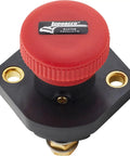 Heavy Duty Push Pull Battery Disconnect Switch For Muscle Cars And Drag Racing Builds That Safely Cuts Power with red toggle and black base.
