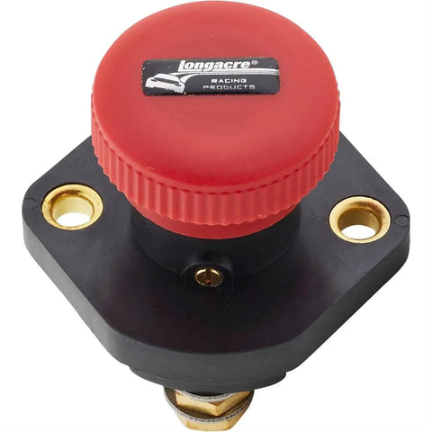 Heavy Duty Push Pull Battery Disconnect Switch For Muscle Cars And Drag Racing Builds That Safely Cuts Power with red toggle and black base.