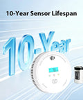 Top Shelf 6 Pack Smoke Detectors and Air Quality Monitors with 10 Year Battery Life showing clear display and battery.
