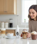 USB Rechargeable Milk Frother Handheld 3 Speed Electric Wand With Digital Display For Creamy Cappuccino Latte Matcha And Hot Chocolate Portable Coffee Mixer For Home Office Travel on a kitchen counter