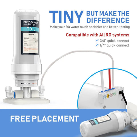 Inline Post Water Filter Removes Chlorine And VOCs Improves Taste With Quick Connect for 1/4 or 3/8 inch tubing under sink.