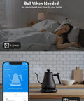 Smart Electric Kettle With WiFi And Alexa Control For Home Baristas Gooseneck Pour Over Kettle With Variable Temperature 1200W Quick Heat 0.8L Capacity One Hundred Percent Stainless Steel Matte Black shown on a kitchen counter.