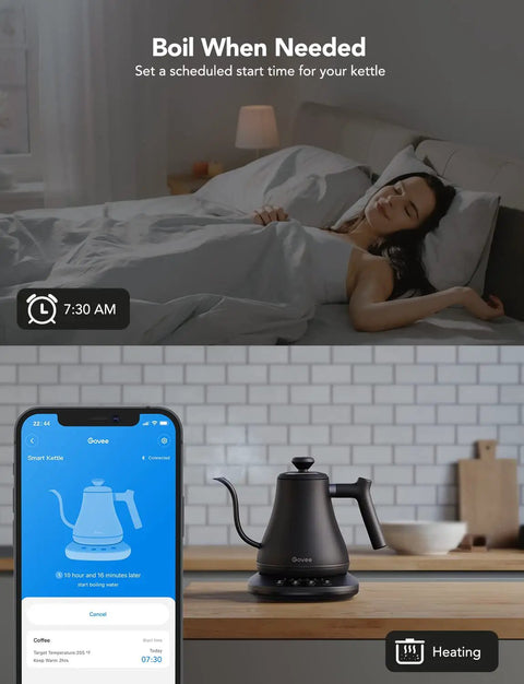 Smart Electric Kettle With WiFi And Alexa Control For Home Baristas Gooseneck Pour Over Kettle With Variable Temperature 1200W Quick Heat 0.8L Capacity One Hundred Percent Stainless Steel Matte Black shown on a kitchen counter.