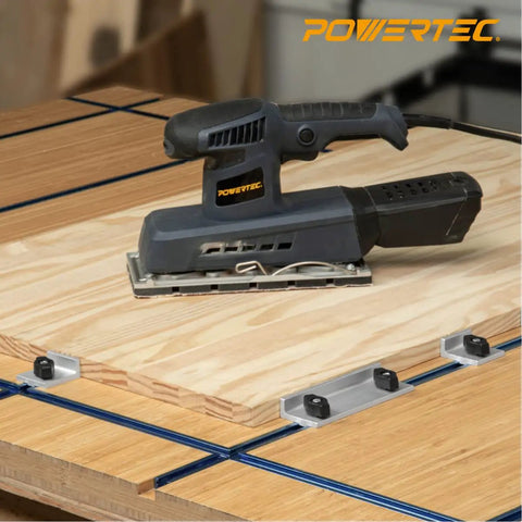 Woodworking table with Universal Long Stop Kit for T Track Systems 2-Pack, featuring stop blocks and wing knobs for secure holding.