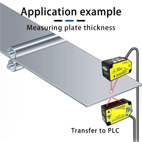 High Precision Laser Displacement Sensor With 200 Millimeter Range featuring analog outputs measuring plate thickness application.