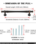 Dimensions of Top Tier Brushed Gold Cabinet Pulls With Five Inch Mounting Centers showing overall length and screw specifications.