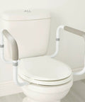 Heavy Duty White Steel Toilet Safety Rail Bathroom Grab Bar With Adjustable Width Support Frame Easy Peasy Install, side view.