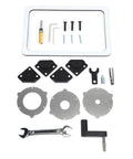 Rock Solid Router Lifting System With Slick Crank Adjustment, aluminum alloy mounting hardware and accessories layout.