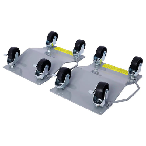 Four Piece Heavy Duty Car Wheel Dollies Rock Solid Steel Vehicle Movers with smooth-rolling casters for easy garage maneuvers.