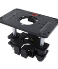 Rock Solid Router Lifting System With Slick Crank Adjustment, durable aluminum router lift with precise depth markings.