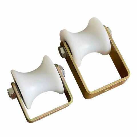 Hella Smooth U Groove Track Nylon Bearing Roller Guide Wheel For Sliding Doors Patio Windows And Hanging Cable Pulleys Featuring Rock Solid Casters And Zero Friction Movement In 50Mm 60Mm And 1Inch D70xW65 F, showing two white nylon guide wheels with metal brackets.