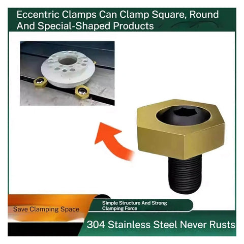 Six Pack CNC Eccentric Clamps Hexagonal Stainless Steel Workholding Fixture Clamps With Nuts For M4 M5 M6 M8 M10 M12 M16 Threads Fast Firm Hold And Easy Cam Mechanism showing installed view and close-up of clamp