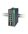 Industrial 8 Port Cloud Managed PoE Switch With 4 SFP Uplinks mounted on rail, front view showing ports and LED indicators