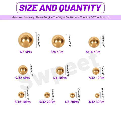 Top Shelf Precision Bearing Balls Assortment Kit Real Deal 120 Piece Imperial Set For Bikes And Casters Badass Smooth Rolling Upgrade showing brass ball sizes with quantities.