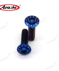 Top-Shelf M8x30mm Titanium Brake Disc Bolts With Blue Anodized Mirror Finish And Heavy-Duty Torx Drive Heads, Badasses Offer Serious Strength And Corrosion Resistance To Keep Your Rides Lock-Tight On Track Or Street. Pack Of 10. Two bolts shown with flushed tapered heads.