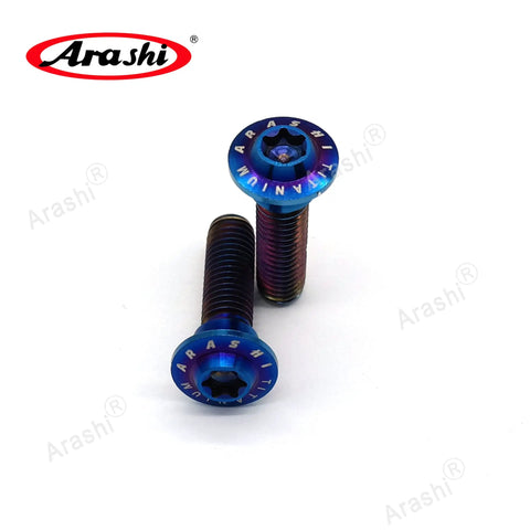 Top-Shelf M8x30mm Titanium Brake Disc Bolts With Blue Anodized Mirror Finish And Heavy-Duty Torx Drive Heads, Badasses Offer Serious Strength And Corrosion Resistance To Keep Your Rides Lock-Tight On Track Or Street. Pack Of 10. Two bolts shown with flushed tapered heads.