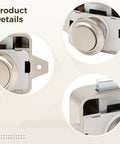 Close-up views of Push Button Cabinet Lock Set Five Pack Chrome Plated Marine Grade Metal Latches For RV Camper Boat Storage Compartments Push To Open No Key Required Keyless Door Catches.
