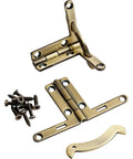 Hella Tough Small Solid Brass Quadrant Hinges Antique Brass Finish with screws and latch, ideal for cabinet use.