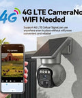 Weatherproof Security Rig Ships With Built In Sim Card For Easy 4G LTE Access And Draws Solar Power To Skip Wi Fi Setup While Surviving IP Sixty Five Rain Damage Plus Quick 360 Degree Pan Tilt View And Clear Two Way Talking, showing 4G LTE camera with solar panel.
