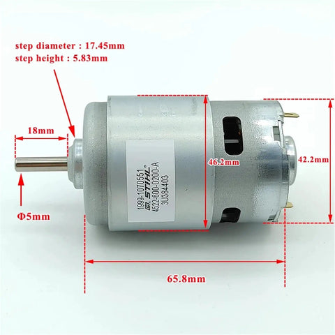 Straight Up Heavy Duty 42Mm Dc Motor Featuring Twin Ball Bearings For Blazing High Speed Performance with dimensions shown.
